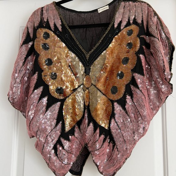 Vintage Sequined Butterfly Blouse / 80's Pink Sequin Embellished Silk Top - Picture 1 of 11